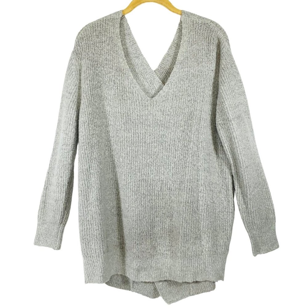 Womens Braided Back Sweater Size L Double V Neck Pullover Gray Cozycore Everyday